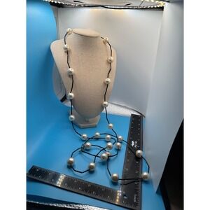Vintage Long Faux Pearl and Black Bugle Bead Opera Length Necklace 52 Inch